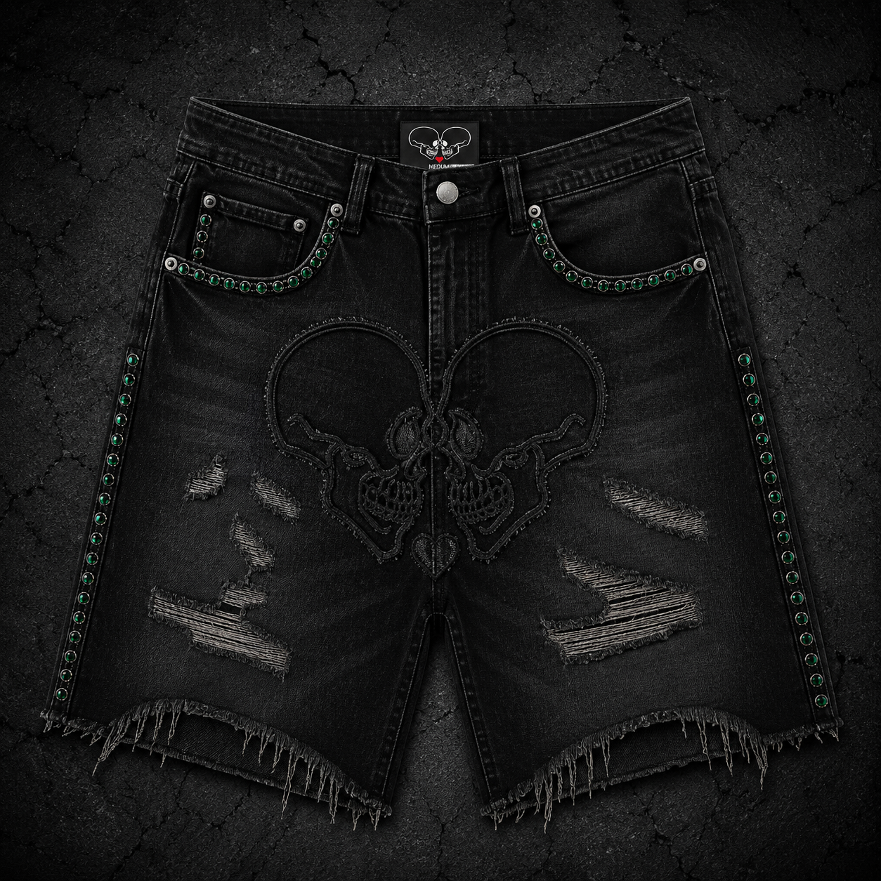 Black Skull Denim Shorts